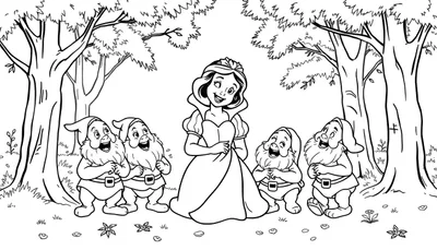 Placa de color de Blancanieves y los siete enanitos riendo en el bosque.