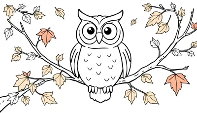 Un búho dibujado en blanco y negro para colorear, posado en una rama con hojas de otoño a su alrededor. Esta placa de color es perfecta para actividades infantiles.