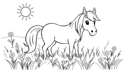Un lindo caballo de dibujos animados para colorear en una placa de color soleada.