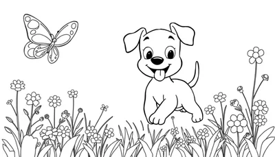 Placa de color de un cachorro juguetón persiguiendo una mariposa en un campo de flores.