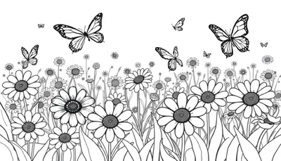 Dibujo de una placa de color de un campo de flores con mariposas.