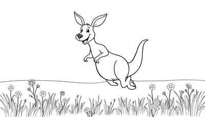 Placa de color de un canguro de dibujos animados sonriendo en un campo de flores.