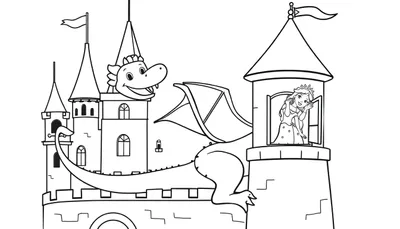 Página para colorear de un castillo de cuento de hadas con un dragón amigable y una princesa en la ventana, en blanco y negro.