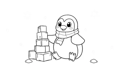 Placa de color para colorear: pingüino amigable con bufanda junto a torre de bloques.