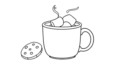 Una placa de color de una taza de chocolate caliente con malvaviscos y una galleta.