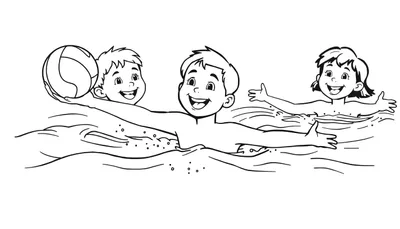 Una placa de color en blanco y negro con tres niños sonriendo mientras nadan.