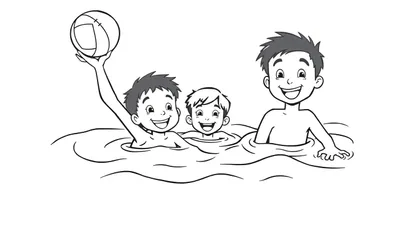 Placa de color: Niños sonriendo y jugando con una pelota en el agua.