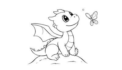 Placa de color de un dragón bebé amigable sentado sobre una colina, mirando a una mariposa.