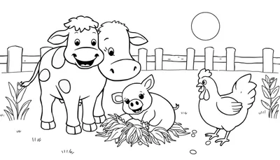 Placa de color para colorear: una vaca con manchas, una vaca sin manchas, un cerdito en heno, una gallina y plantas.