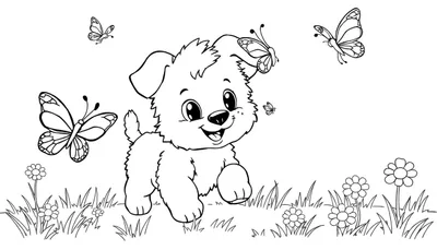 Placa de color para colorear de un cachorro juguetón con mariposas en un campo de flores.