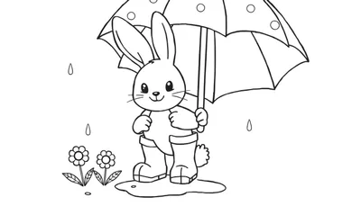 Placa de color: un conejito sonriente con botas de lluvia y paraguas.