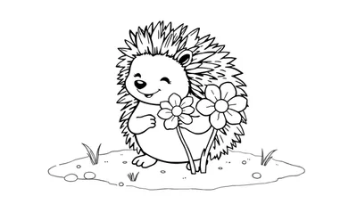 Placa de color: Un dibujo en blanco y negro de un erizo sonriente sosteniendo dos flores.