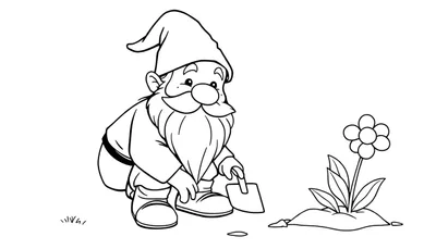 Gnomo de jardín con gorro puntiagudo y barba plantando una flor, listo para colorear en una placa de color.