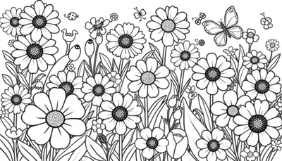 Un jardín con margaritas, hojas y una mariposa en blanco y negro, una placa de color para pintar.