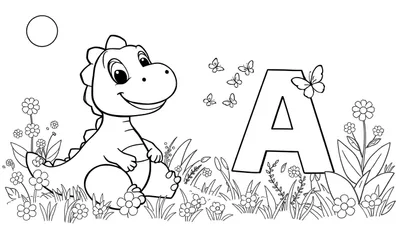Placa de color: un dinosaurio amigable y la letra A en un jardín con mariposas y flores.