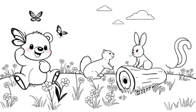 Placa de color para colorear de un oso con mariposas y otros animales del bosque.