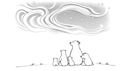 Placa de color de una familia de osos polares mirando la aurora boreal.