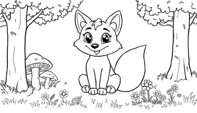 Zorro de dibujos animados sentado en un bosque con flores y árboles, listo para colorear.