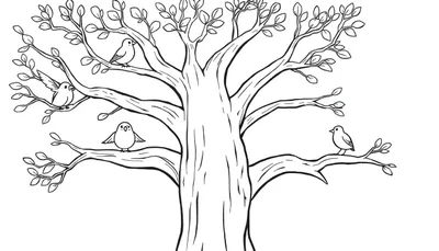 Placa de color de un árbol amigable con pájaros posados en sus ramas.