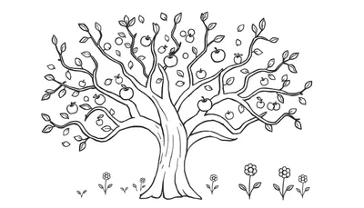 Placa de color de un árbol frutal amigable con manzanas y flores.