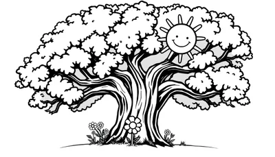 Una placa de color de un árbol amistoso, un sol sonriente y margaritas.