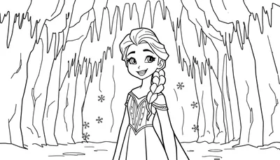 Dibujo de Elsa para colorear en su castillo de hielo, con copos de nieve.