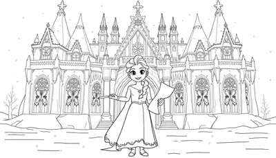 Dibujo lineal de Elsa con su castillo de hielo, lista para colorear. Placa de color.