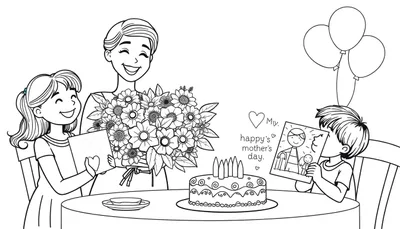 Placa de color para colorear del Día de la Madre con una familia celebrando, mostrando una madre con flores, una niña entregando una tarjeta y un niño mostrando un dibujo.