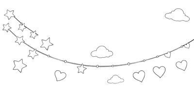 Una ilustración lineal en blanco y negro de una guirnalda festiva con estrellas y corazones para colorear, rodeada de nubes