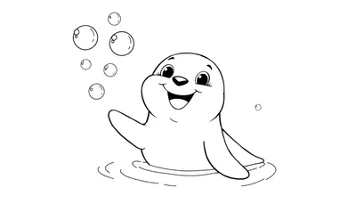 Foca sonriente jugando con burbujas, lista para colorear en una placa de color.