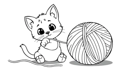Dibujo lineal de un gatito jugando con un ovillo de lana, listo para colorear.
