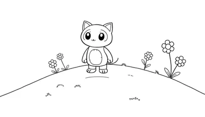 Placa de color de un gato de dibujos animados de Toca Boca parado en una colina con flores.