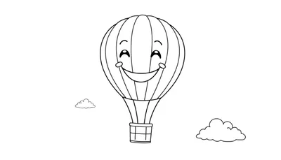 Globo aerostático sonriente para colorear, con cesta y nubes.