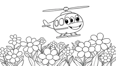 Un helicóptero de dibujos animados amigable con una cara sonriente volando sobre un campo de flores, listo para ser coloreado en una placa de color.