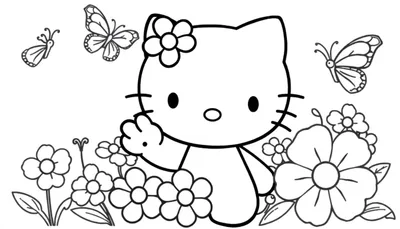 Dibujo lineal para colorear de Hello Kitty con una flor en la cabeza rodeada de flores y mariposas.