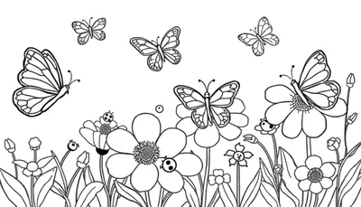 Placa de color con un jardín de flores y mariposas.