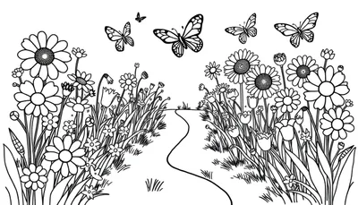 Una placa de color de un campo de flores y mariposas para colorear.