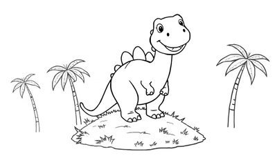 Un dinosaurio estegosaurio sonriente listo para colorear en una placa de color, con palmeras y hierba de fondo.