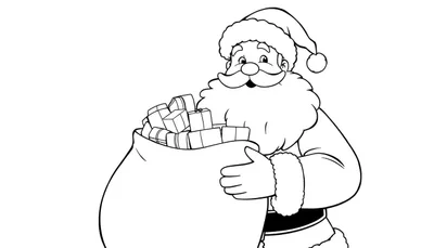 Placa de color de Papá Noel sonriente con su saco de regalos, listo para colorear.