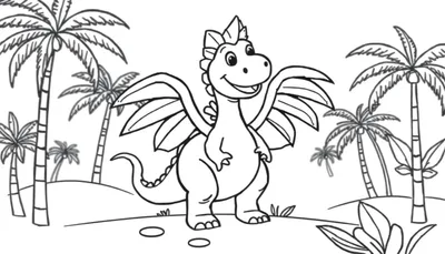 Placa de color: Dragón de dibujos animados con alas extendidas en un entorno tropical.