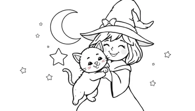 Una placa de color de una joven bruja sonriente abrazando a un lindo gatito negro, con una luna creciente y estrellas.