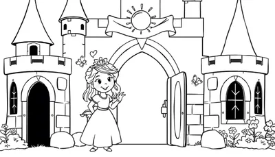 Placa de color de una princesa amigable saludando frente a un castillo de cuento de hadas.