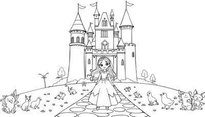 Placa de color de una princesa de cuento de hadas frente a un castillo con animales en las colinas.