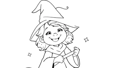 Una linda brujita sonriente, lista para colorear, con un sombrero puntiagudo y una varita mágica.