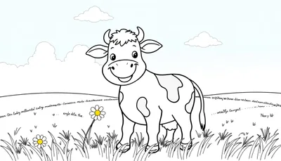 Una vaca feliz y manchada lista para colorear en un campo con flores.