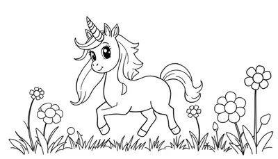 Placa de color de un unicornio mágico rodeado de flores.