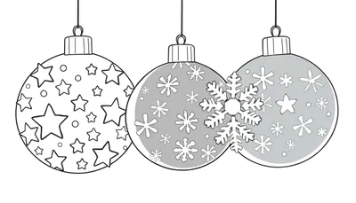 Página para colorear de Navidad: adornos navideños redondos con estrellas y copos de nieve, listos para colorear.