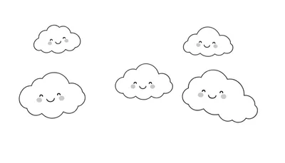 Cinco nubes blancas de dibujos animados con caras sonrientes, listas para colorear en una placa de color.