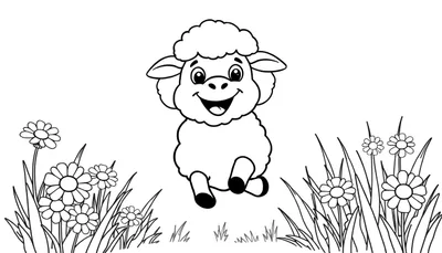 Una oveja lanuda sonriente saltando alegremente entre flores, lista para ser coloreada en esta placa de color.