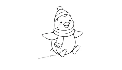 Página para colorear de un pingüino sonriente con gorro y bufanda patinando sobre hielo, una placa de color feliz.